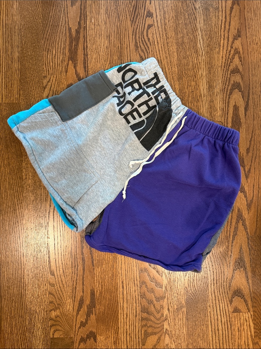 Recycled Vintage North Face Grey Shorts with Teal Trim + Purple Athletic Shorts